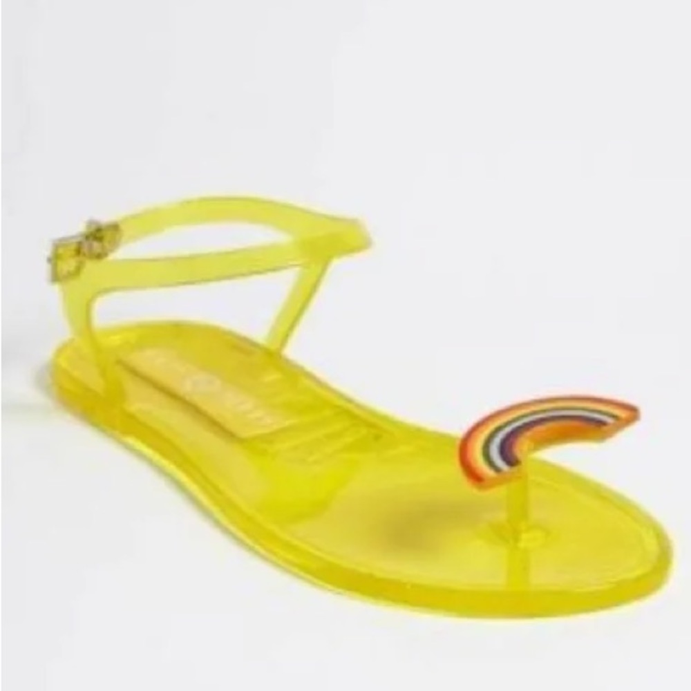 EUC Women’s Katy Perry Brand Size 8 Rainbow Toe Yellow Jelly Glitter Sandals